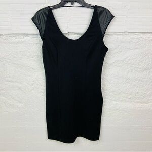KARDASHIAN KOLLECTION black stretch body con faux leather sleeve dress SZ large